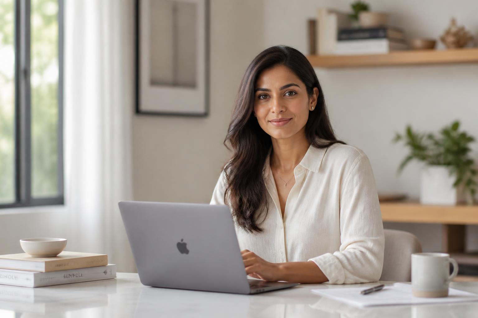 A woman building her own business from a calm, sunlit home office